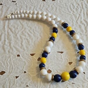 Vintage Large White, Blue & Yellow Beaded Statement Necklace